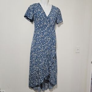 Simplee Apparel Dusty Blue Floral Wrap Midi Dress